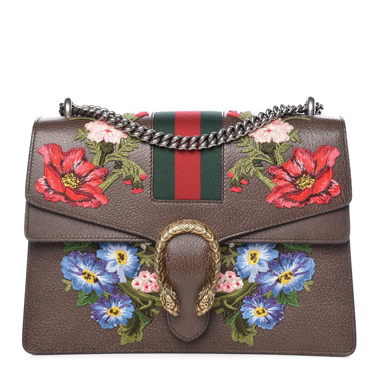 Calfskin Web Floral Embroidered Medium Dionysus Shoulder Bag New Acero