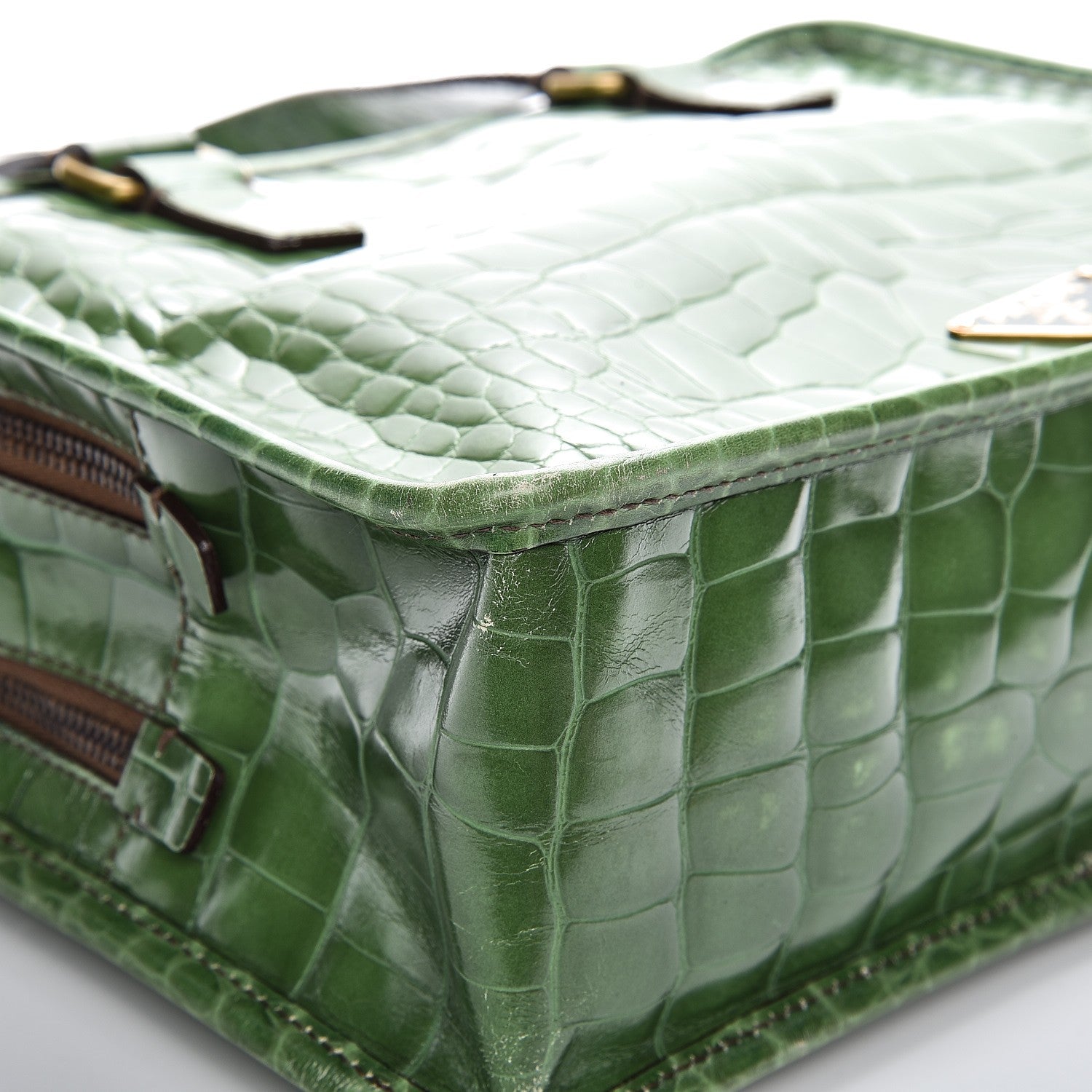 Prada Shiny Calfskin Crocodile Embossed Double Zip Bauletto Larice 13 of 15