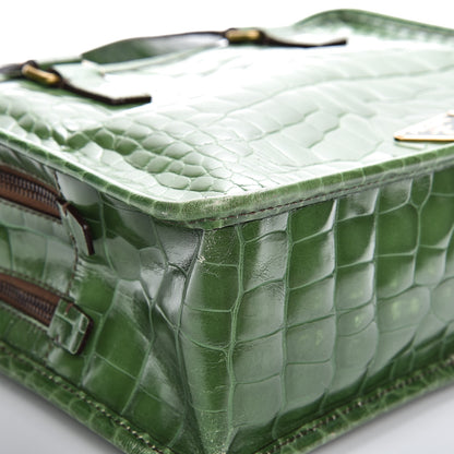 Prada Shiny Calfskin Crocodile Embossed Double Zip Bauletto Larice 13 of 15