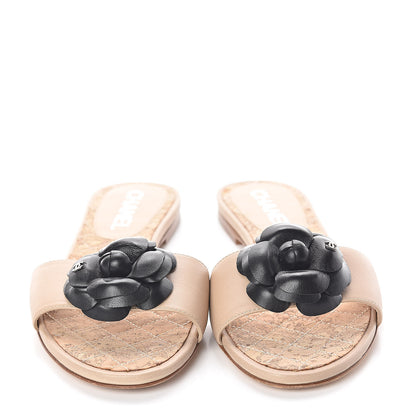 Chanel Lambskin Cork Camellia Sandals 37 Beige 2 of 8