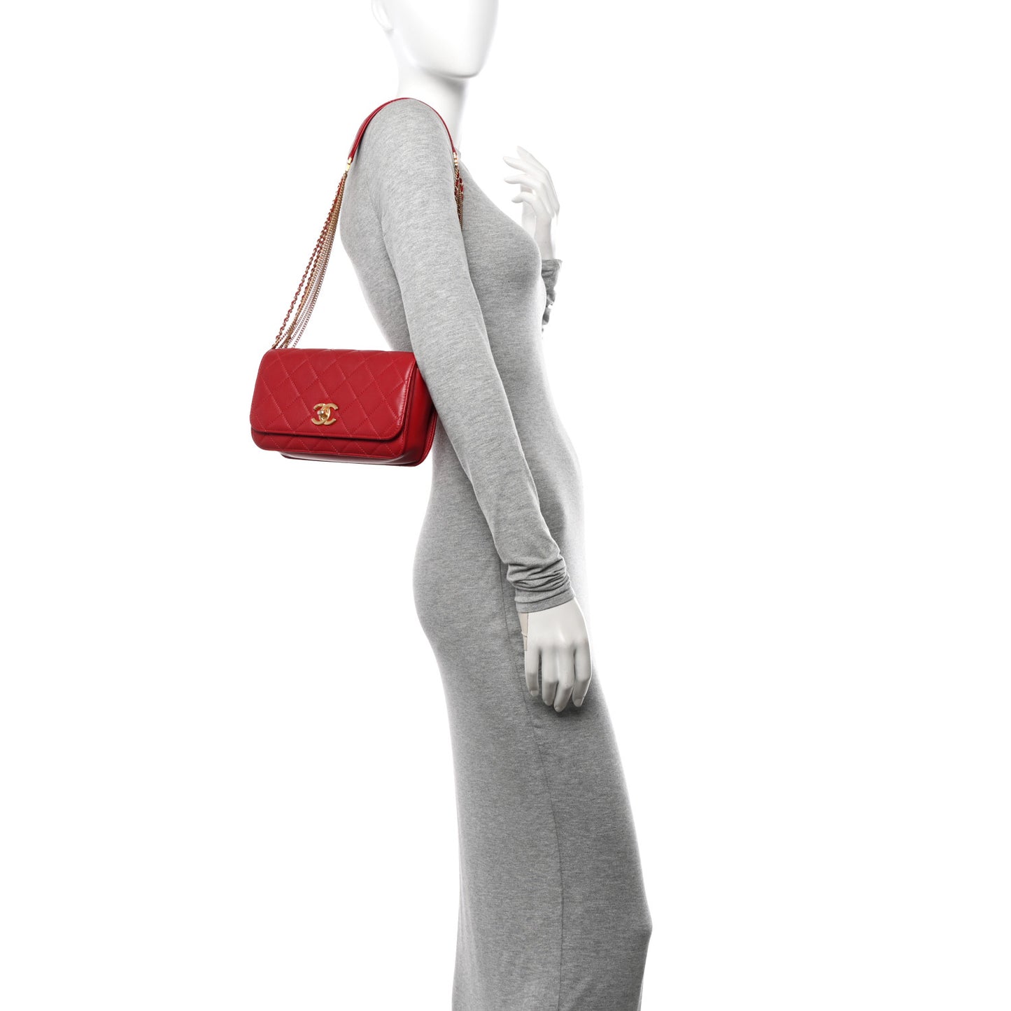 Lambskin Quilted Multiple Chain Flap Red