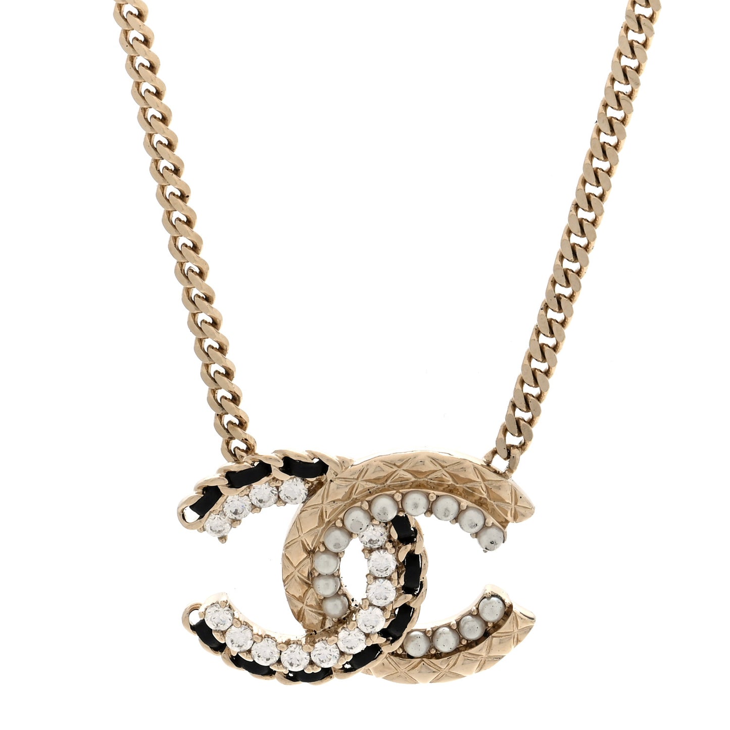 Metal Pearl Crystal Lambskin CC Chain Necklace Gold Black White