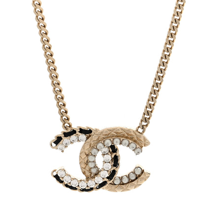 Chanel Metal Pearl Crystal Lambskin CC Chain Necklace Gold Black White 1 of 5