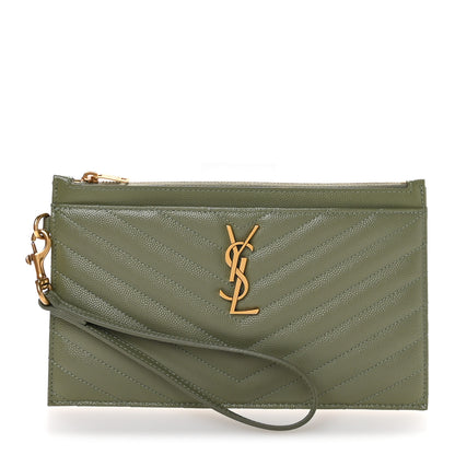 Saint Laurent Grain De Poudre Chevron Monogram Large Bill Pouch Light Sage 1 of 8