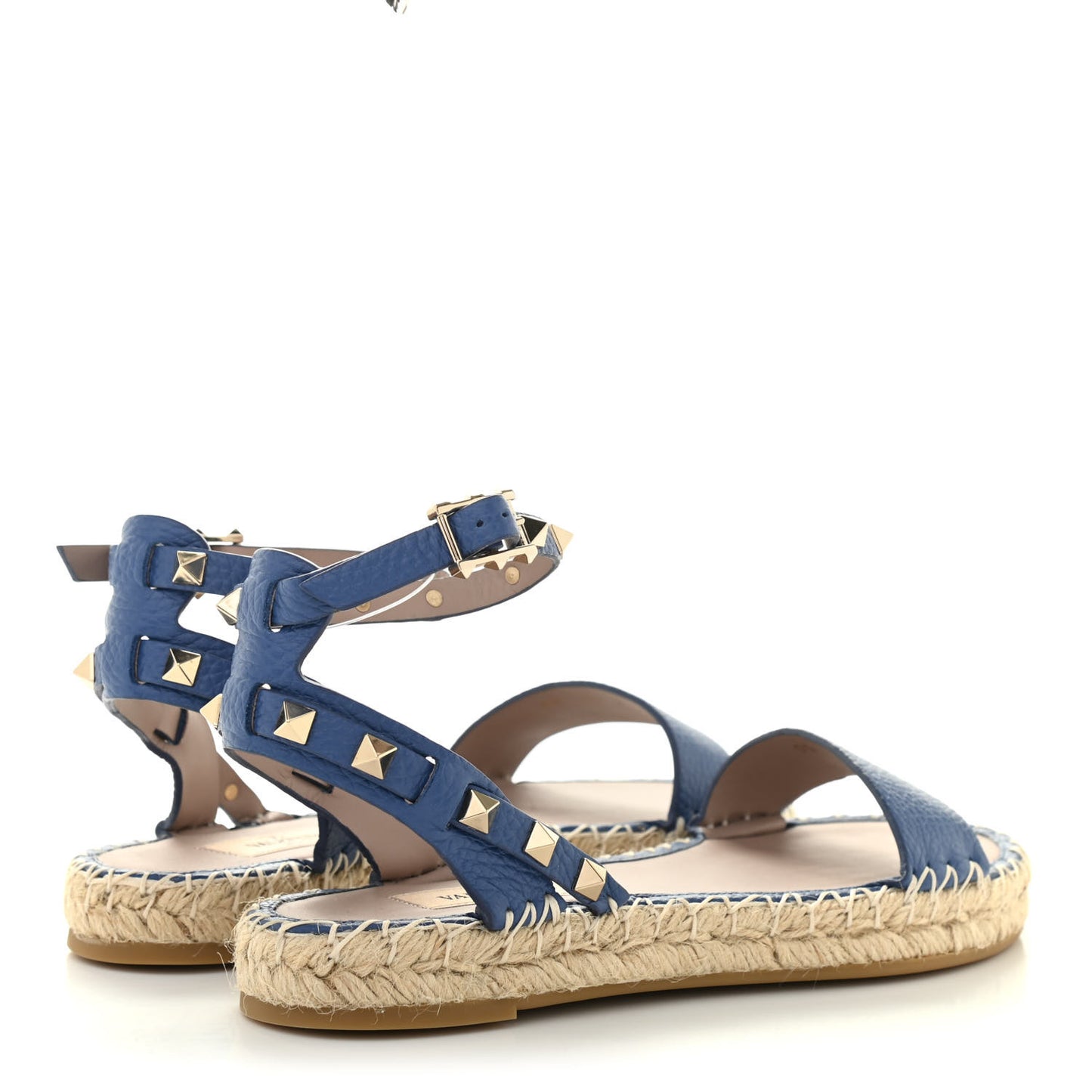 Grained Calfskin Rockstud Ankle Strap Espadrille Flat Sandals 36 Baltique