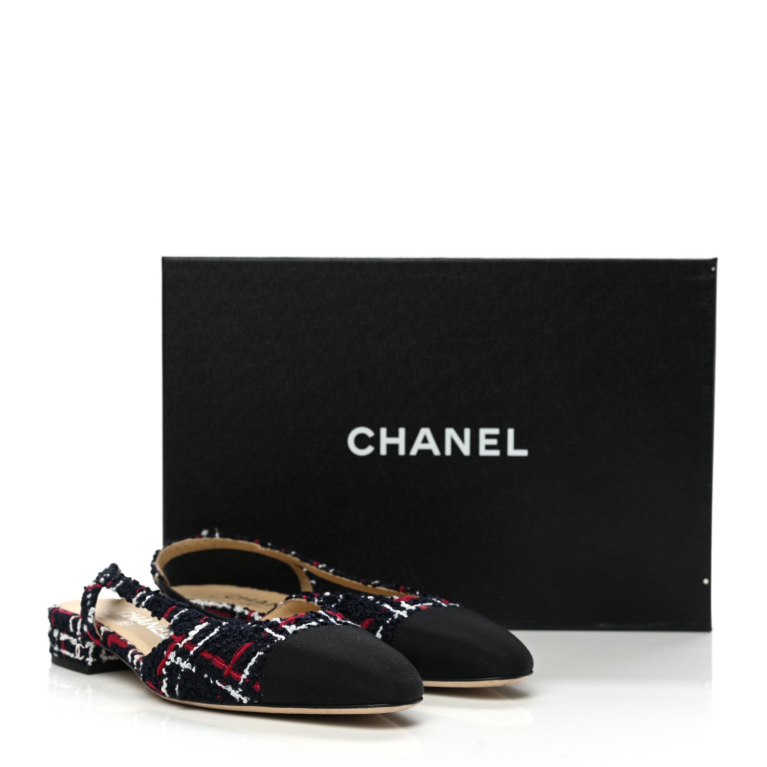 Chanel Tweed Grosgrain Cap Toe CC Slingback Flats 36 Navy Red White 10 of 10