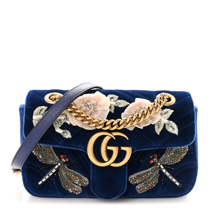 Gucci Velvet Matelasse Embroidered Mini GG Marmont Shoulder Bag Cobalt Blue 1 of 10