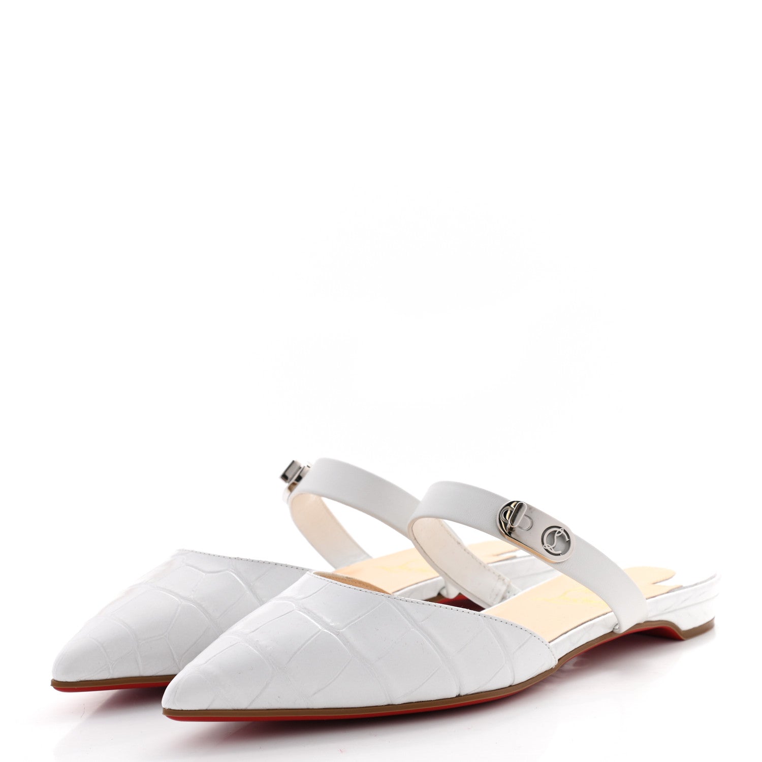 Christian Louboutin Calfskin Crocodile Embossed Choc Lock Flats 36 White 3 of 6