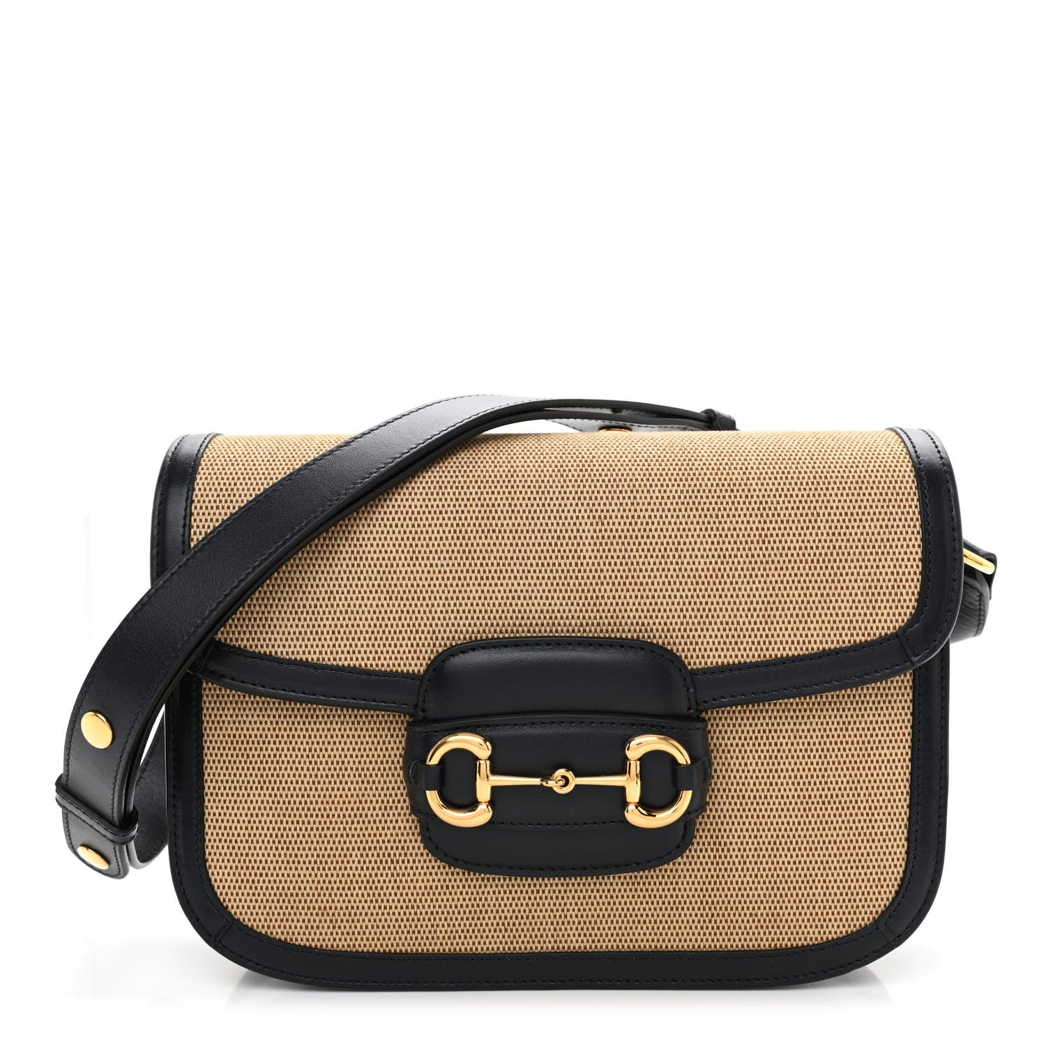 Gucci Vintage Rice Canvas Plutone Calfskin Horsebit 1955 Shoulder Bag Beige Black 1 of 9
