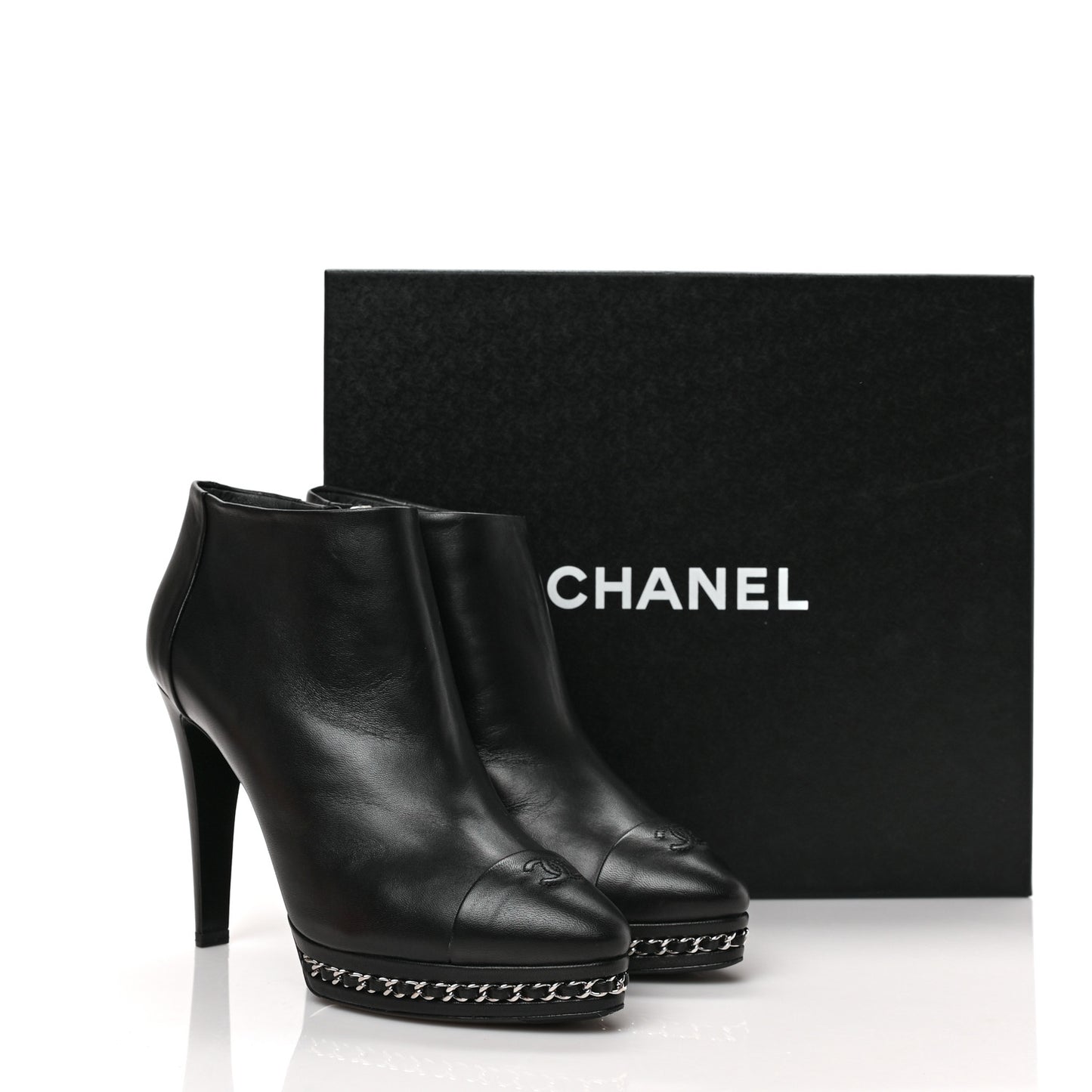 Lambskin CC Platform Cap Toe Chain Ankle Boots 40 Black