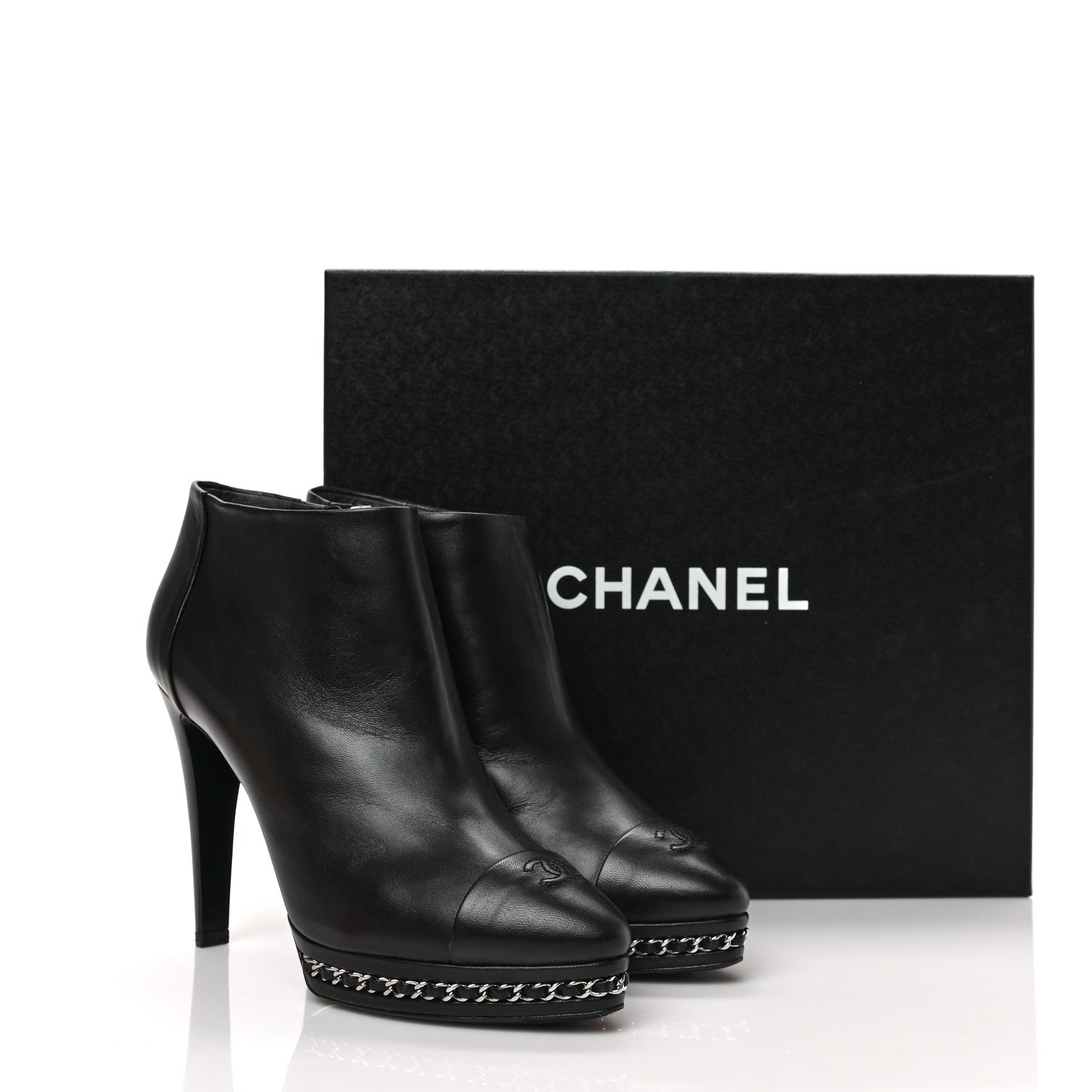 Chanel Lambskin CC Platform Cap Toe Chain Ankle Boots 40 Black 8 of 8