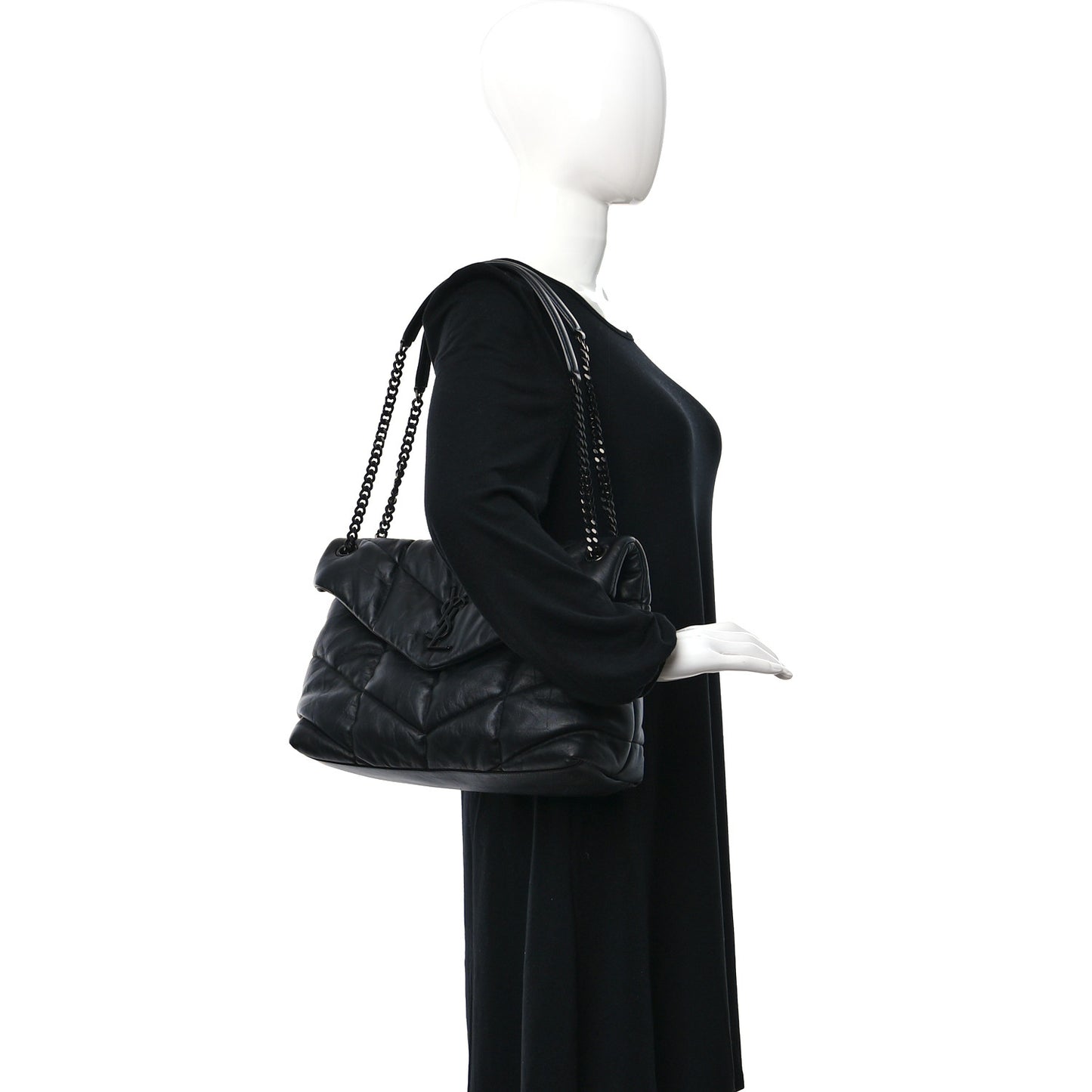Lambskin Quilted Monogram Monochrome Medium Loulou Puffer Chain Satchel Black