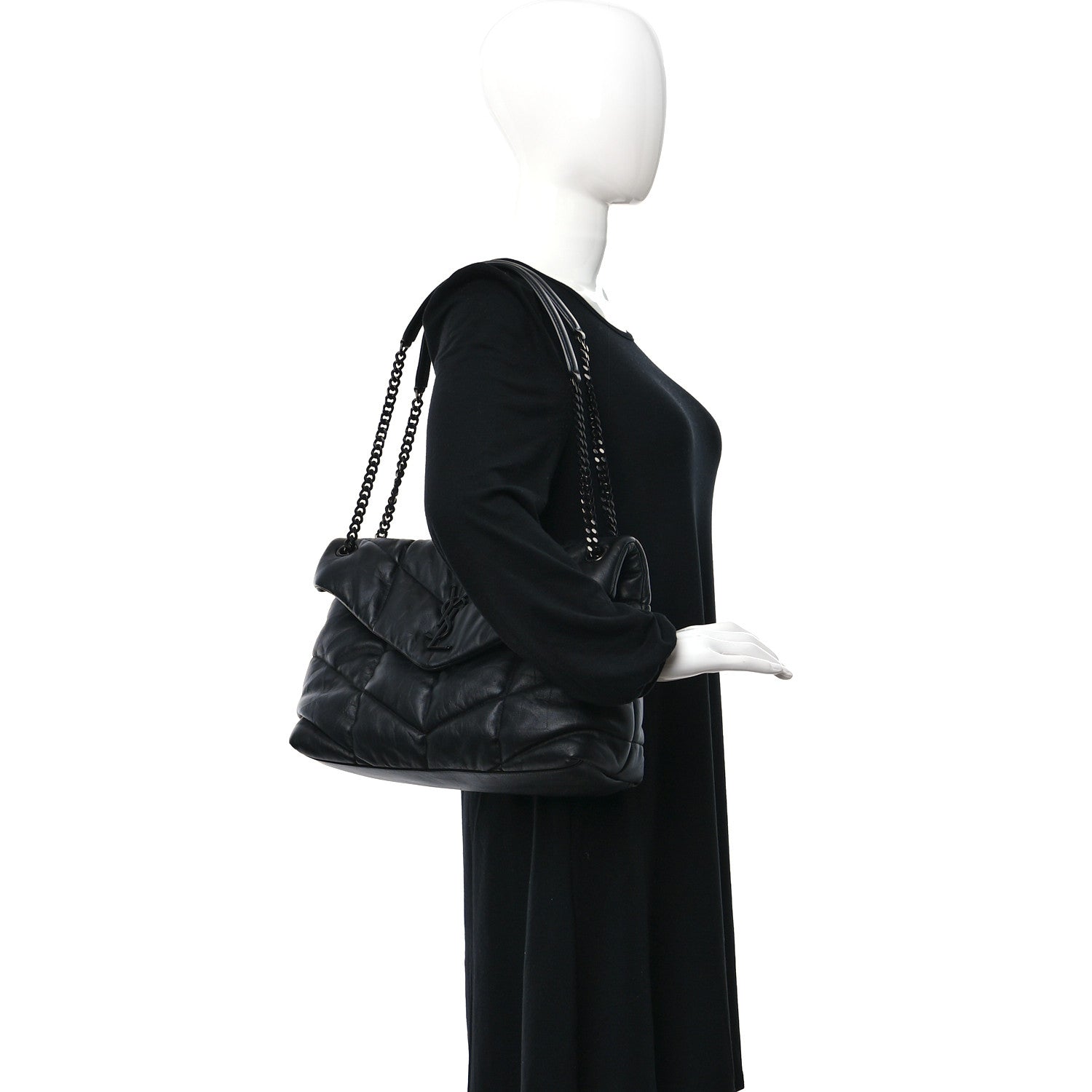 Saint Laurent Lambskin Quilted Monogram Monochrome Medium Loulou Puffer Chain Satchel Black 2 of 12