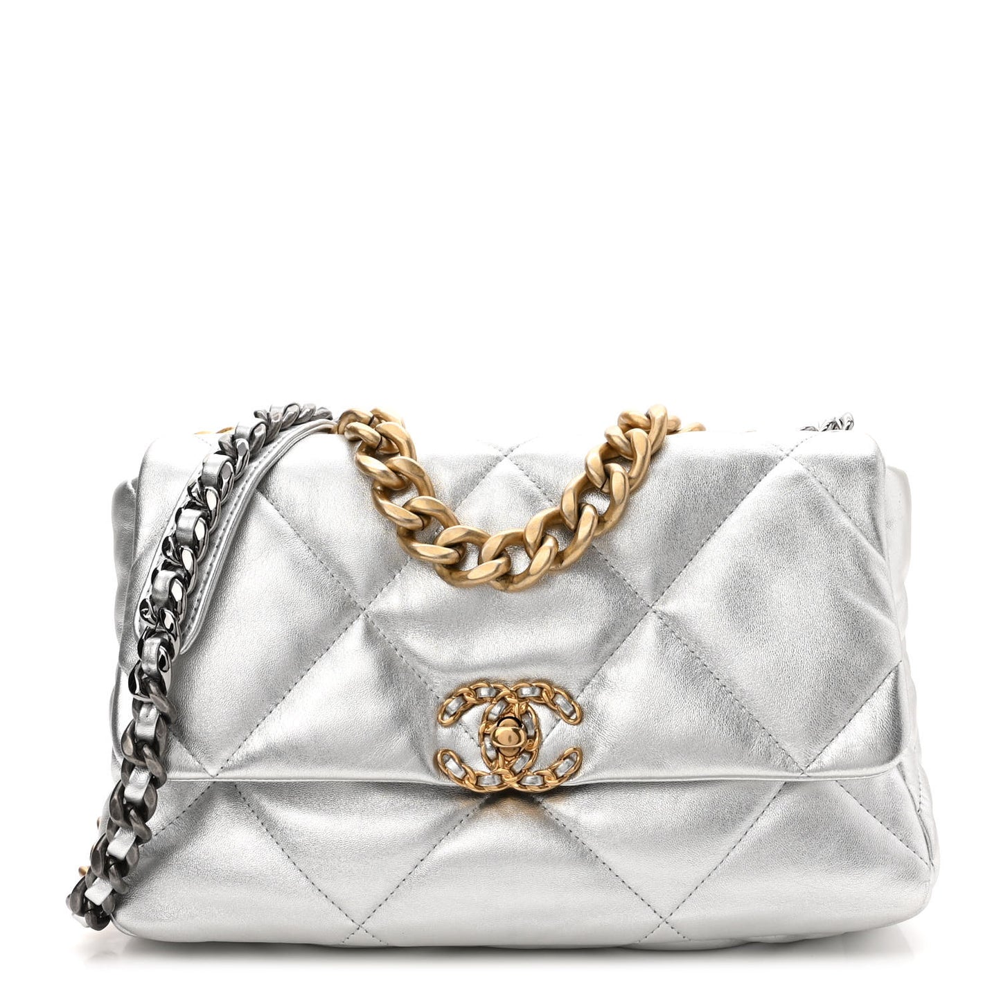 Metallic Goatskin Quilted Large Chanel 19 Flap Silver