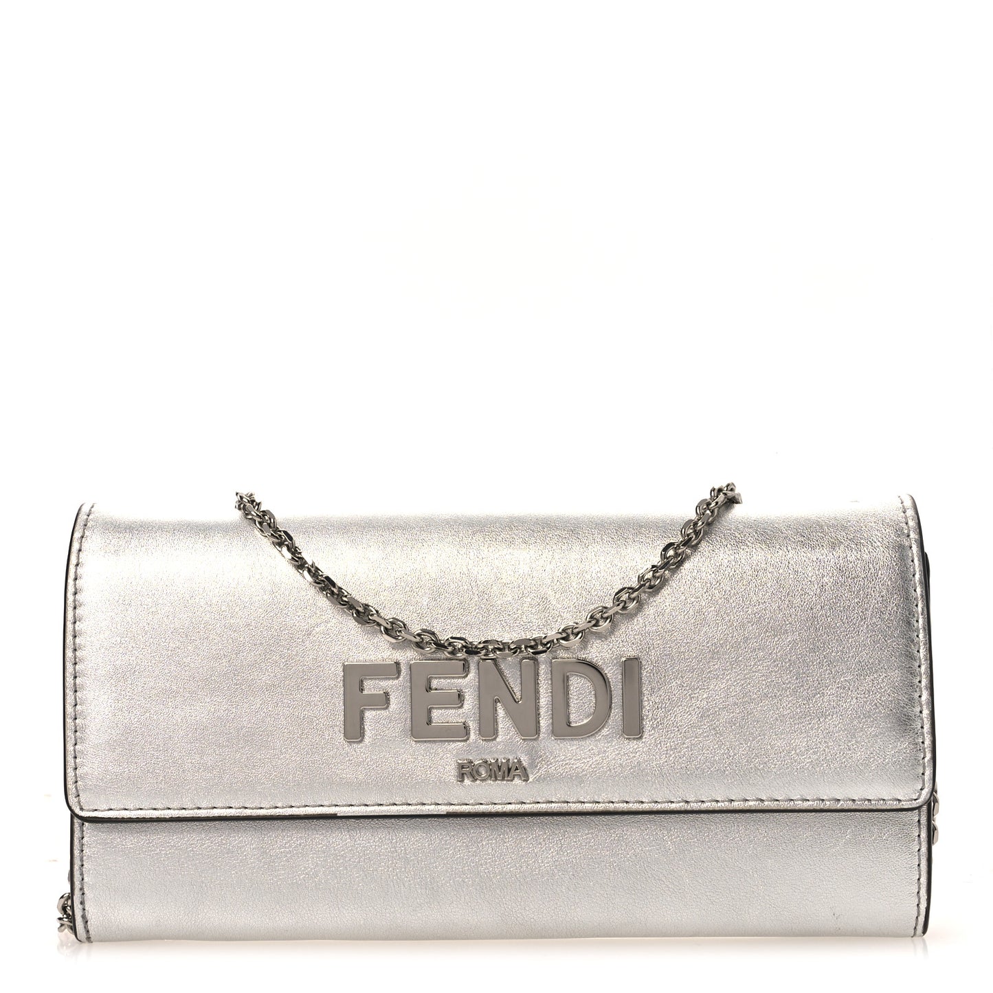 Metallic Calfskin Continental Wallet On Chain Argento
