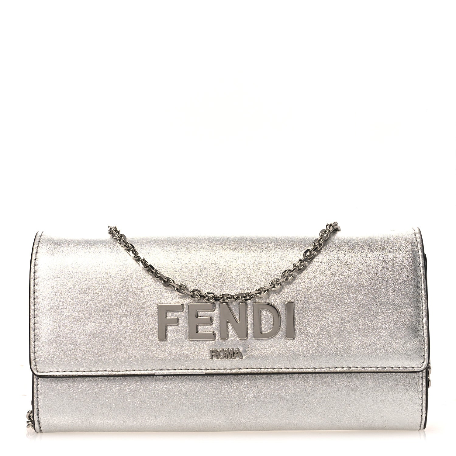 Fendi Metallic Calfskin Continental Wallet On Chain Argento 1 of 14