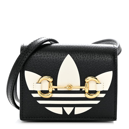 Gucci X ADIDAS Textured Dollar Calfskin Trefoil Horsebit 1955 Card Case Wallet With Strap Black Off White 1 of 9