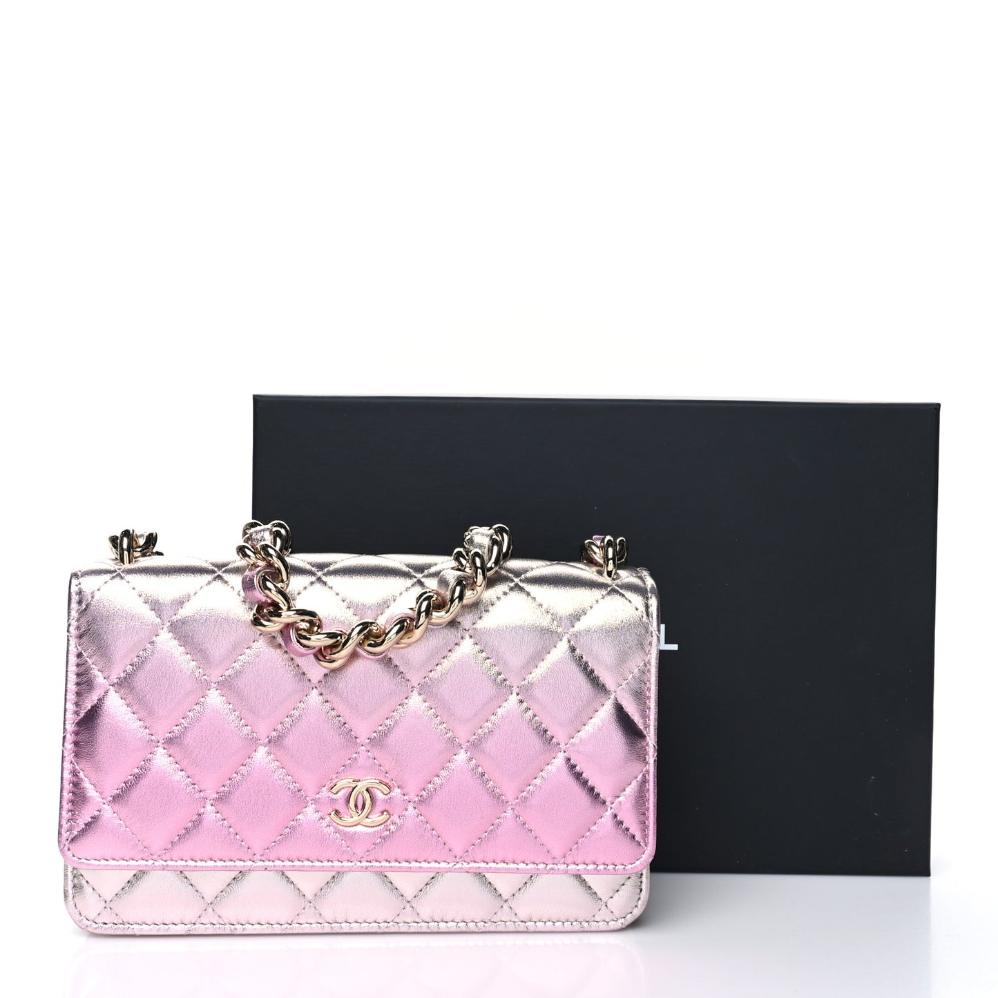 Gradient Metallic Lambskin Quilted Like A Wallet Wallet On Chain WOC Gold Pink