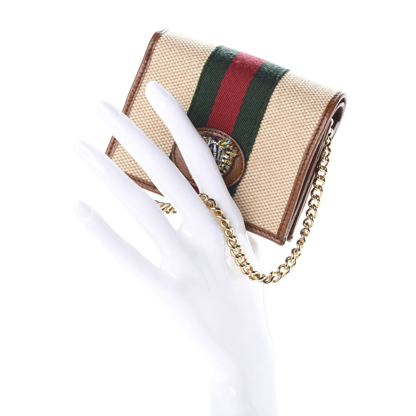 Canvas Calfskin Web Rajah Chain Card Case Wallet Sand Light Cuir