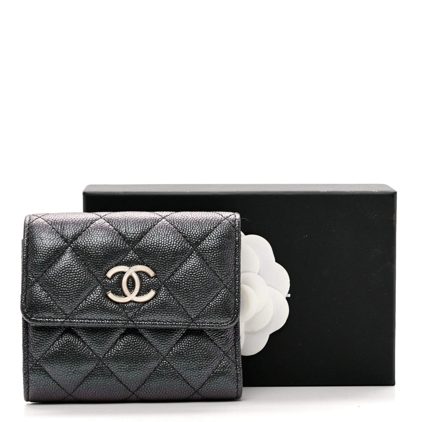 Iridescent Caviar Quilted Small Flap Wallet Black