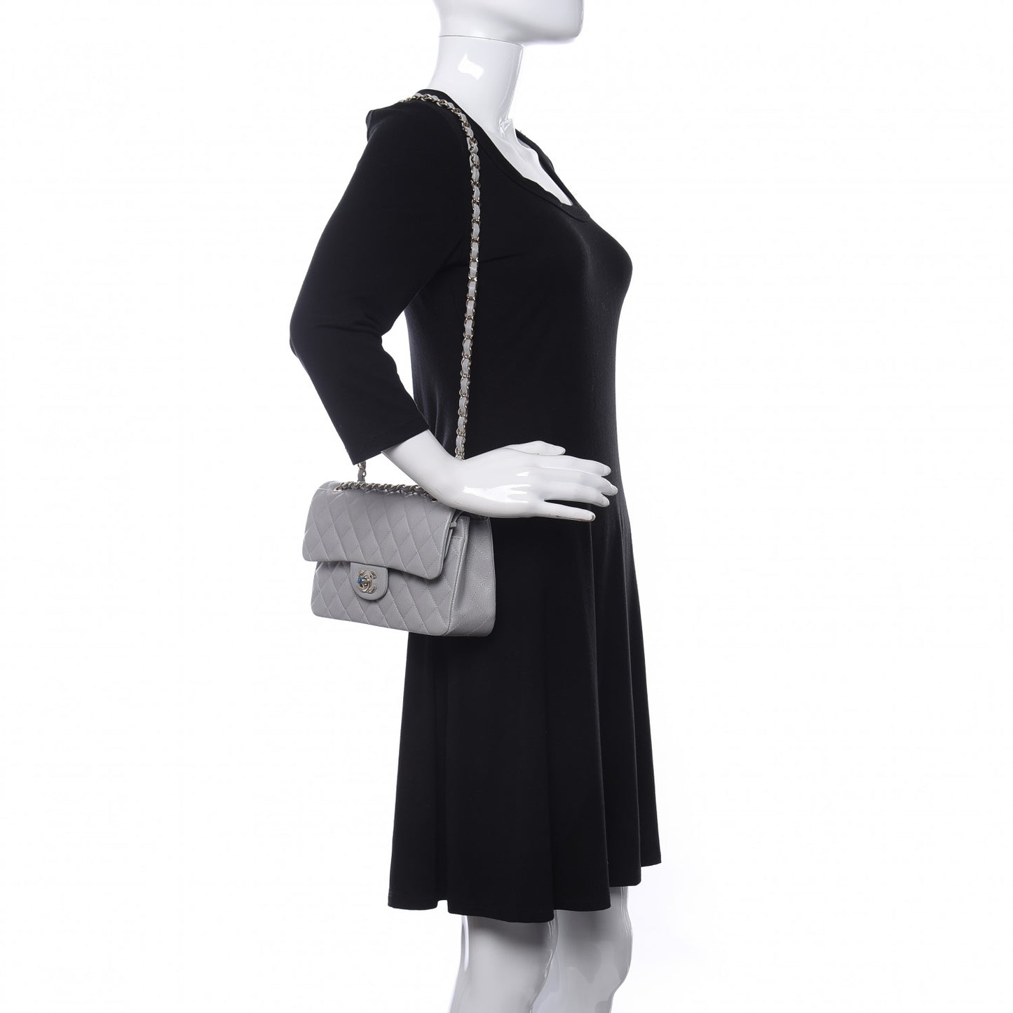 Caviar Quilted Small Double Flap Grey