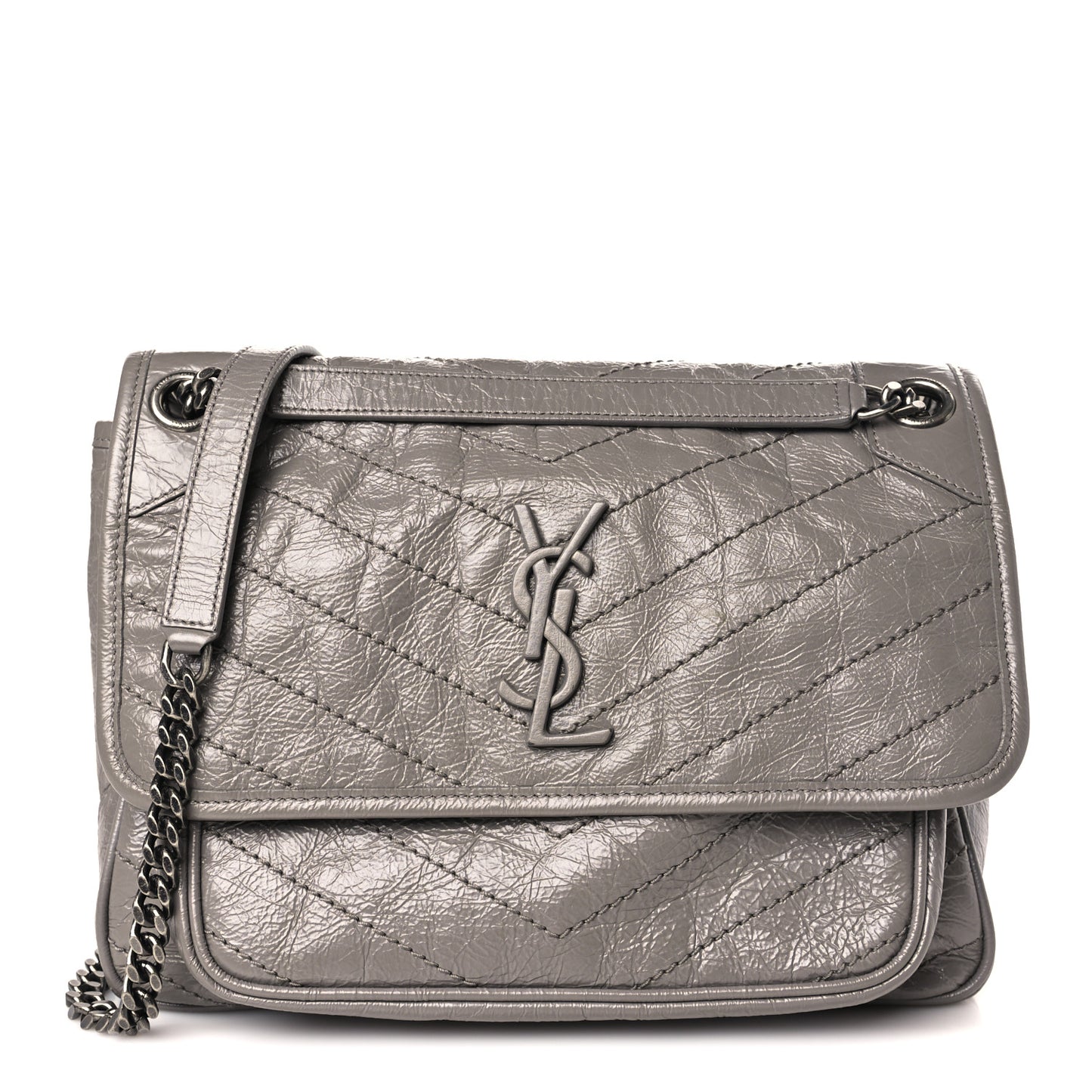 Crinkled Calfskin Matelasse Monogram Medium Niki Chain Satchel Fog
