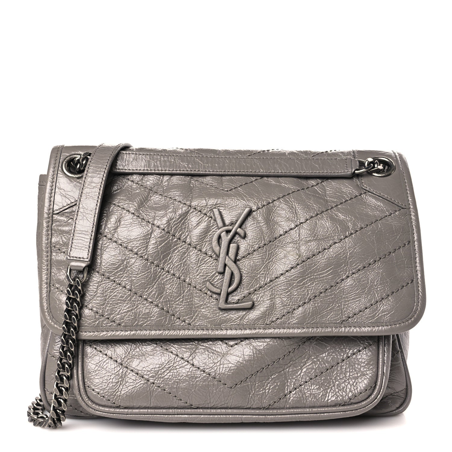 Saint Laurent Crinkled Calfskin Matelasse Monogram Medium Niki Chain Satchel Fog 1 of 11