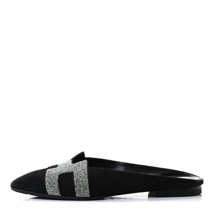 Hermes Suede Goatskin Crystal Roxane Mules 38 Gris Argente Black 1 of 8