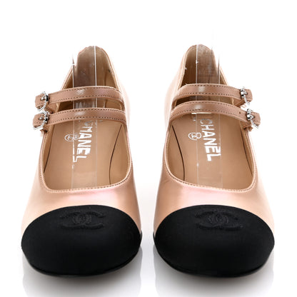 Chanel Iridescent Lambskin Grosgrain Pearl Mary Jane Pumps 37 Beige Black 3 of 9
