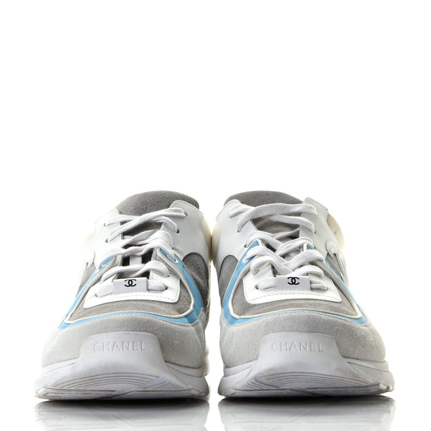 Chanel Suede Calfskin Mens CC Sneakers 45 White Grey Blue 2 of 9