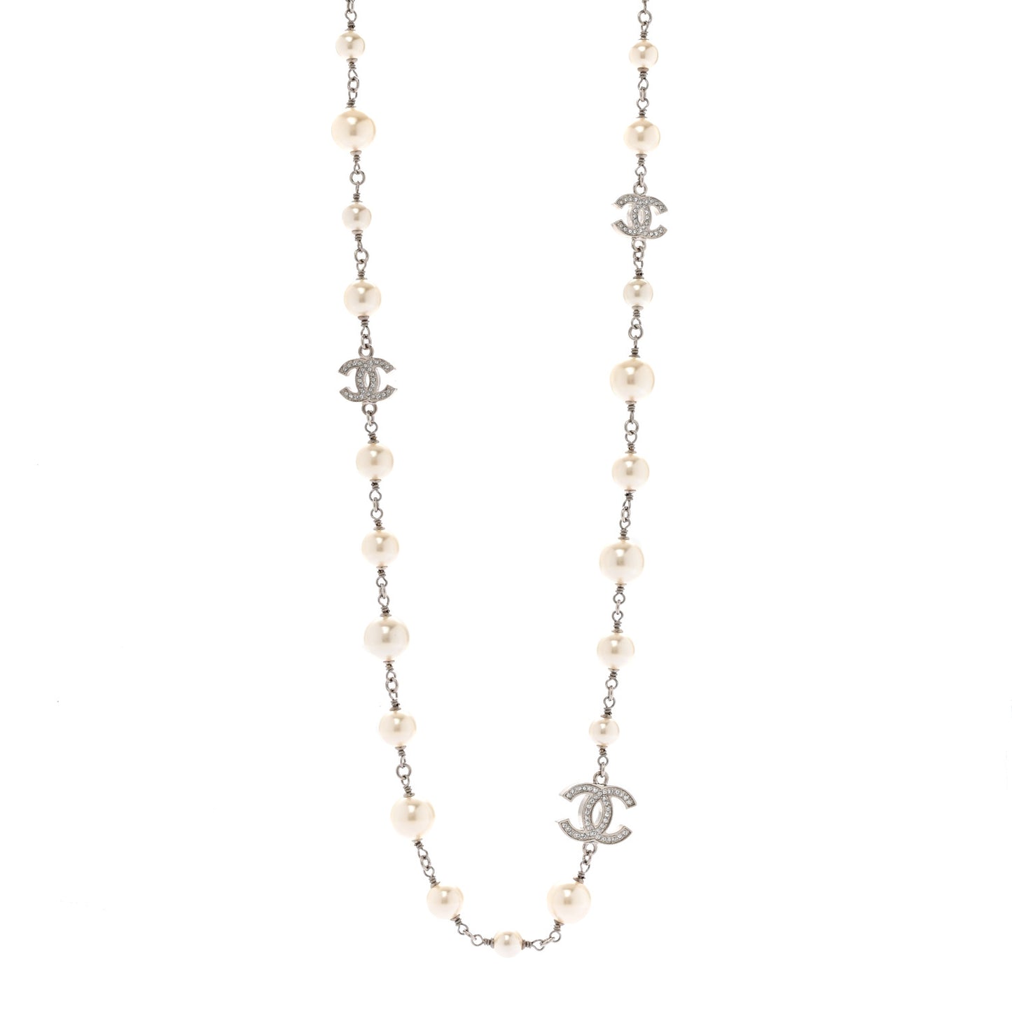Crystal Pearl CC Long Necklace Silver