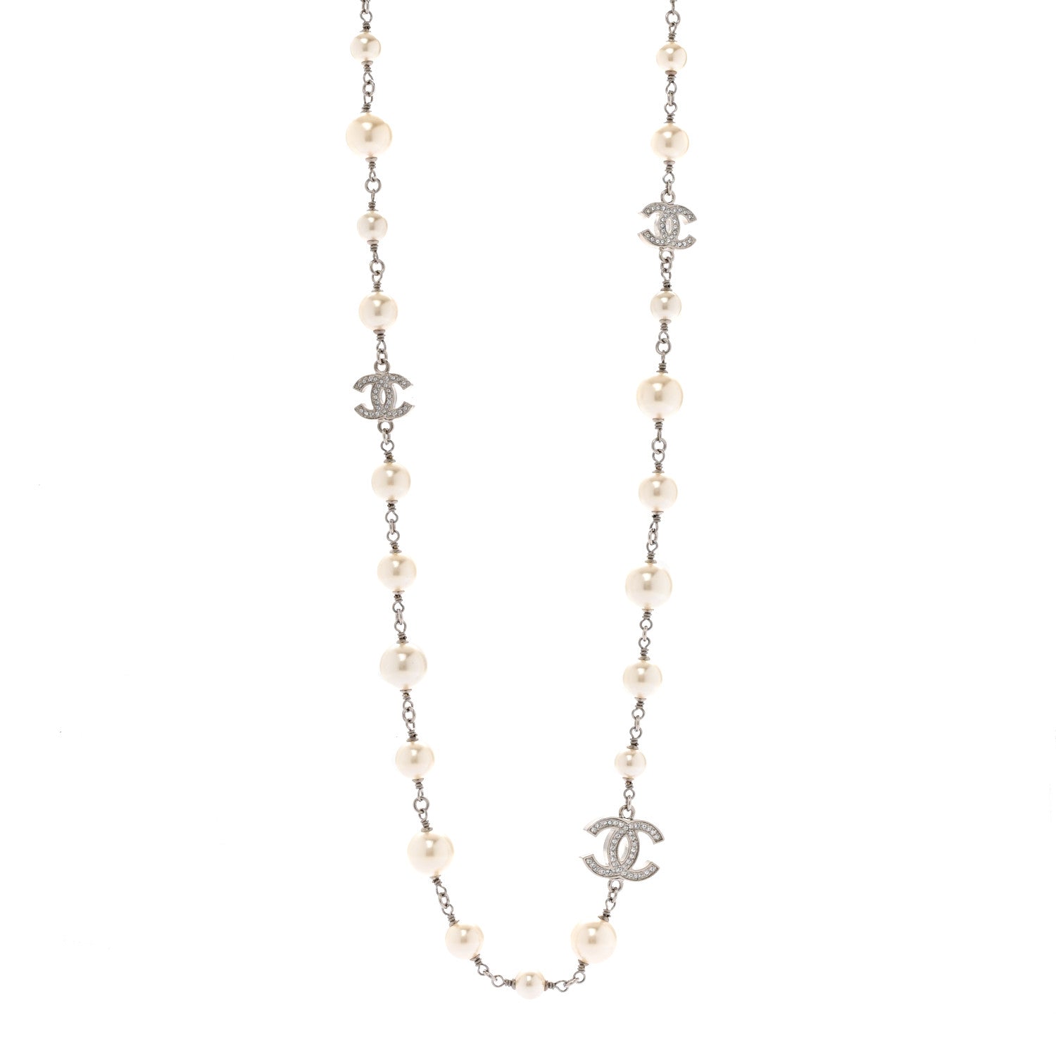 Chanel Crystal Pearl CC Long Necklace Silver 1 of 5