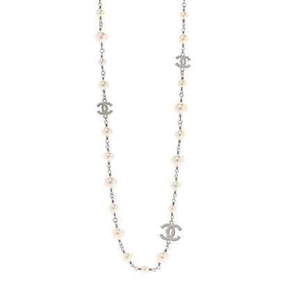 Chanel Crystal Pearl CC Long Necklace Silver 1 of 5