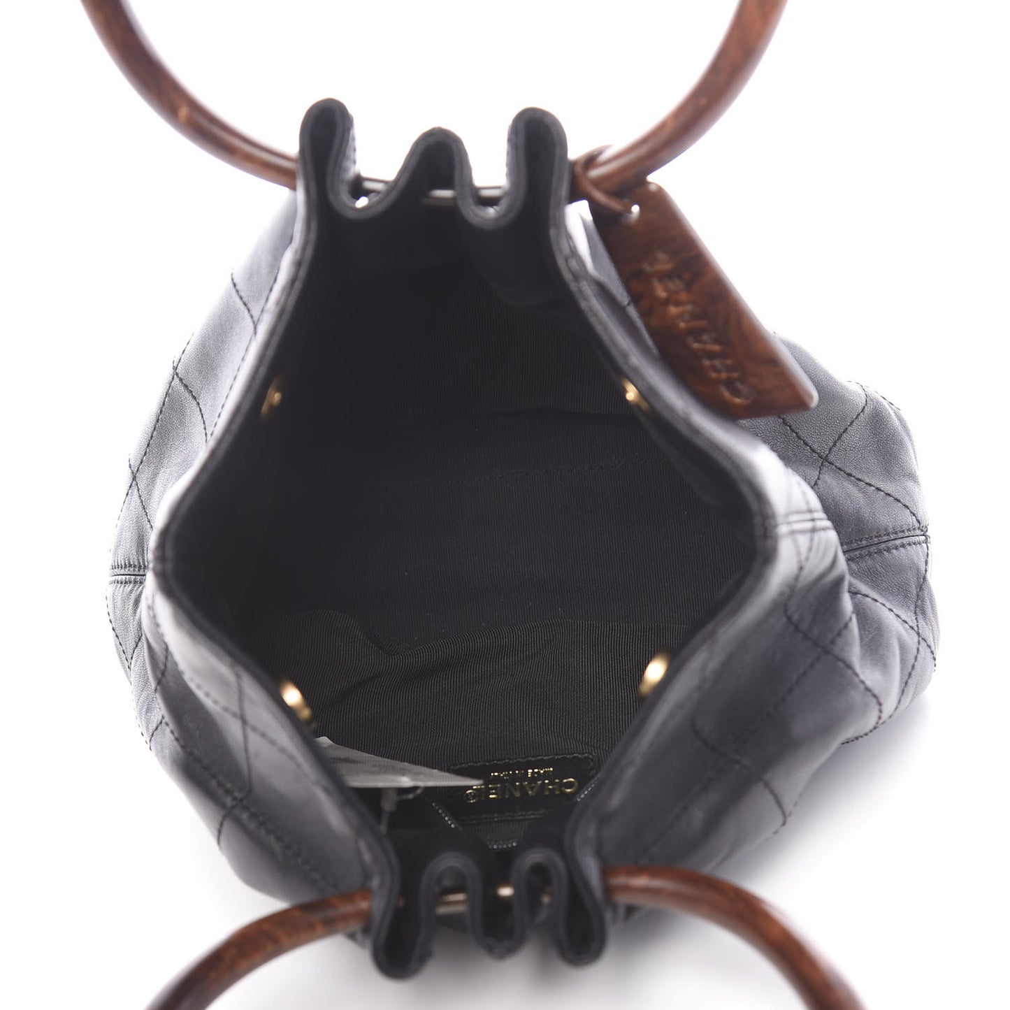 Lambskin Stitched Wood Handle Bag Black
