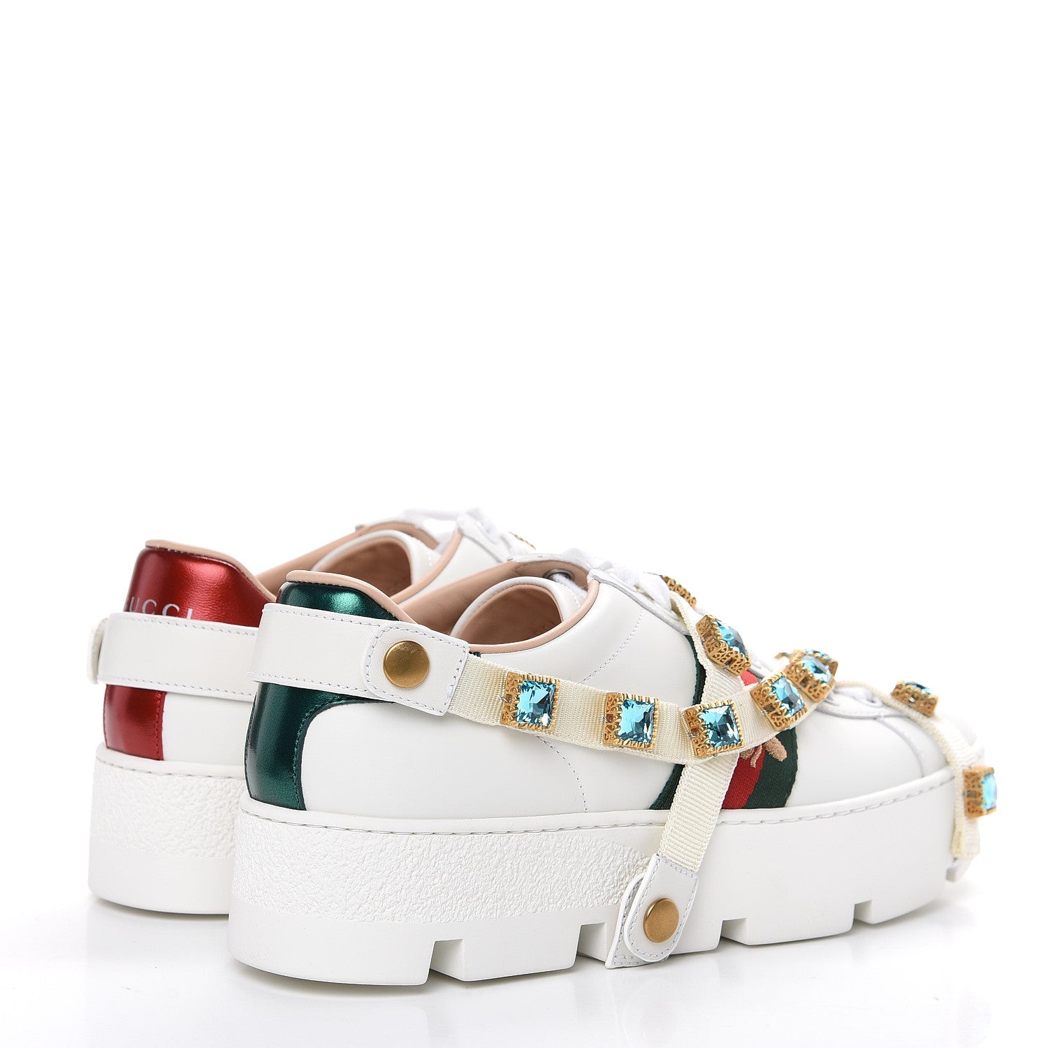 Gucci Calfskin Removable Crystals Bee Embroidered Womens Ace Platform Sneakers 37.5 White 4 of 9