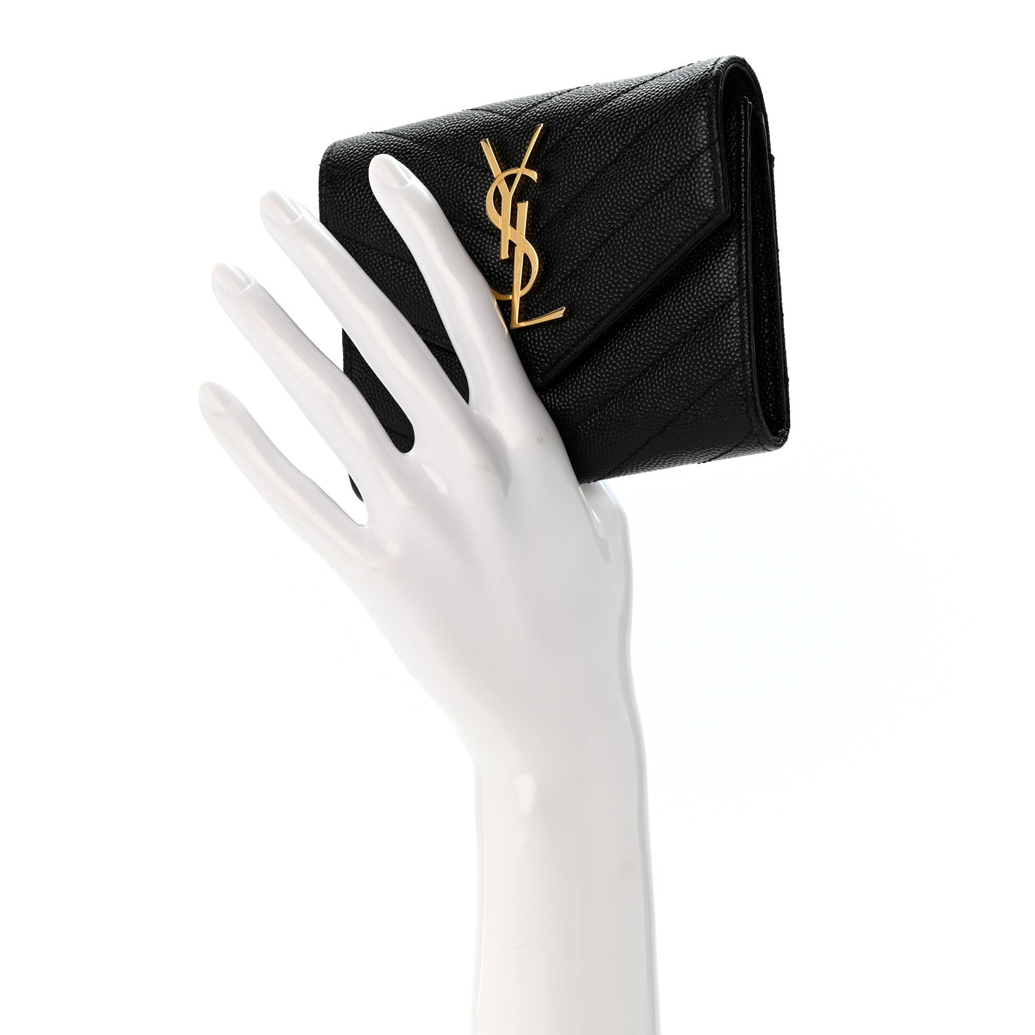Saint Laurent Grain De Poudre Matelasse Chevron Monogram Compact Tri Fold Wallet Black 2 of 9