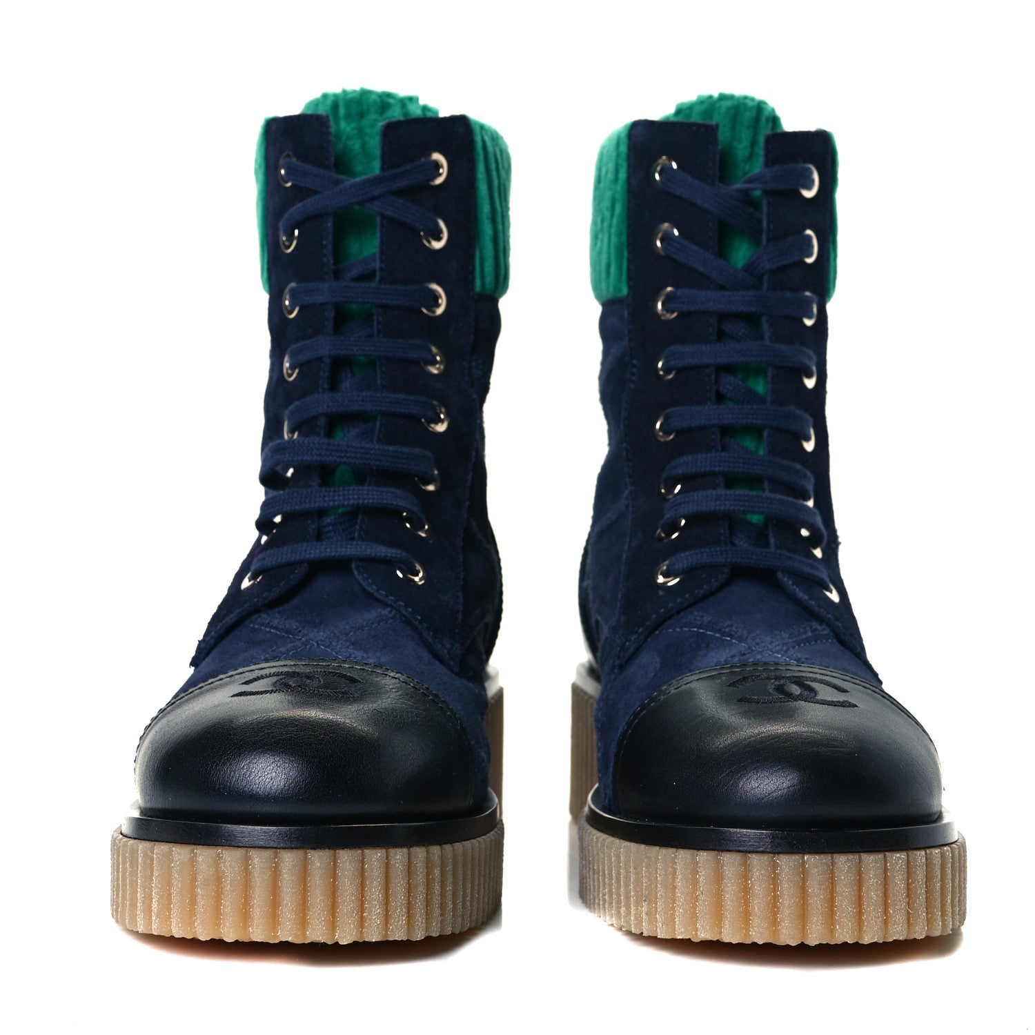 Chanel Suede Calfskin Velvet Quilted CC Combat Boots 38 Navy Green Black 3 of 8