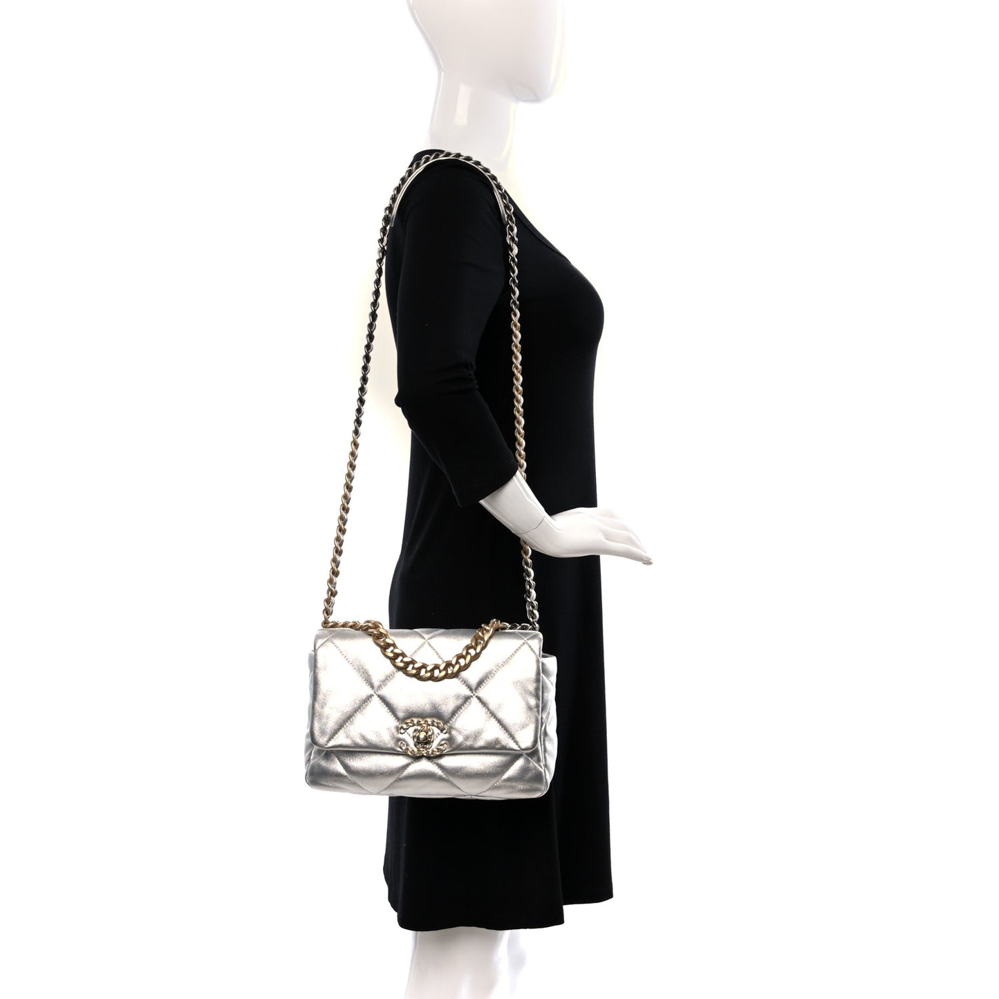 Metallic Lambskin Quilted Medium Chanel 19 Flap Silver