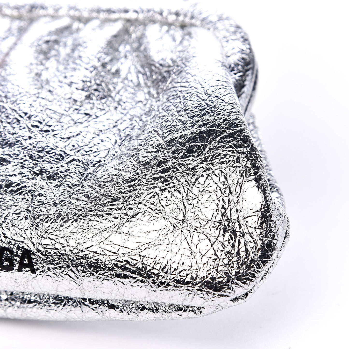 Metallic Textured Calfskin Logo Cloud Coin Purse With Strap Silver