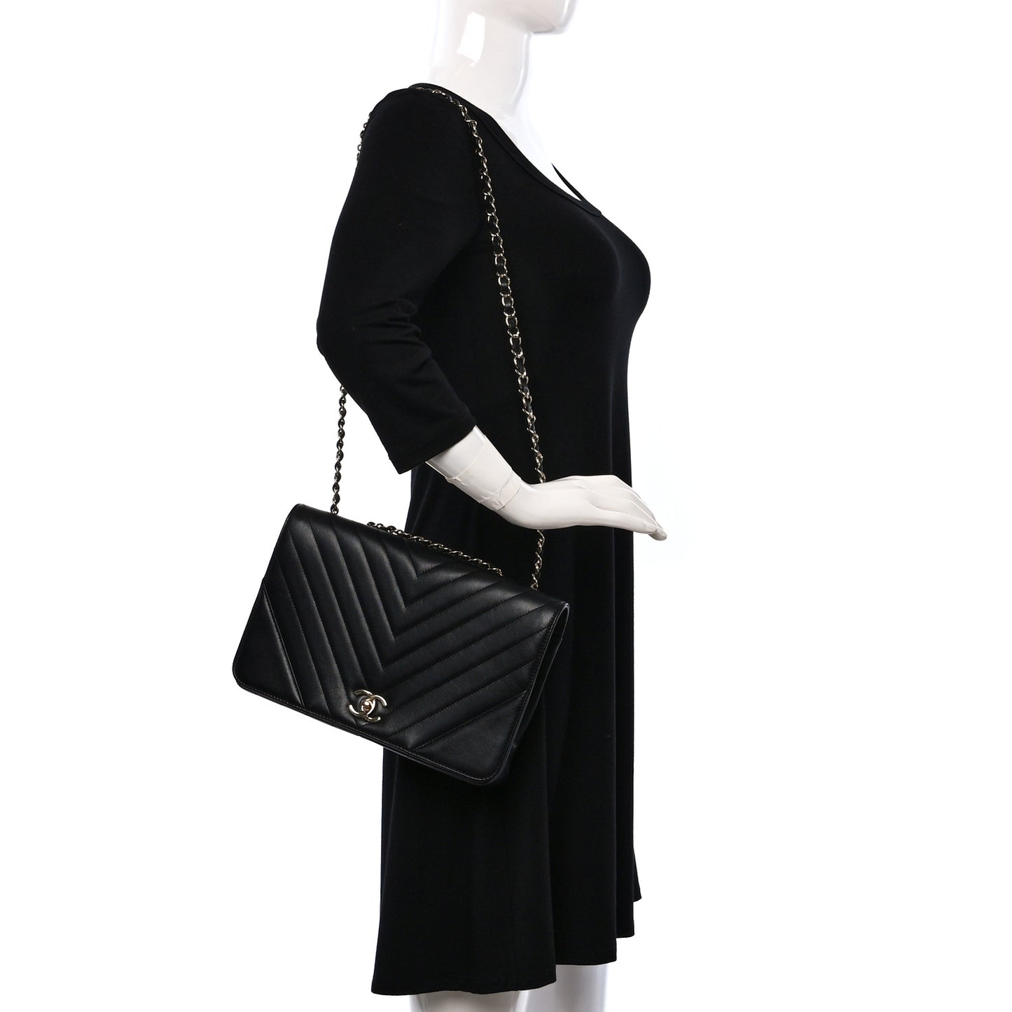 Calfskin Chevron Quilted Large Statement Flap Black