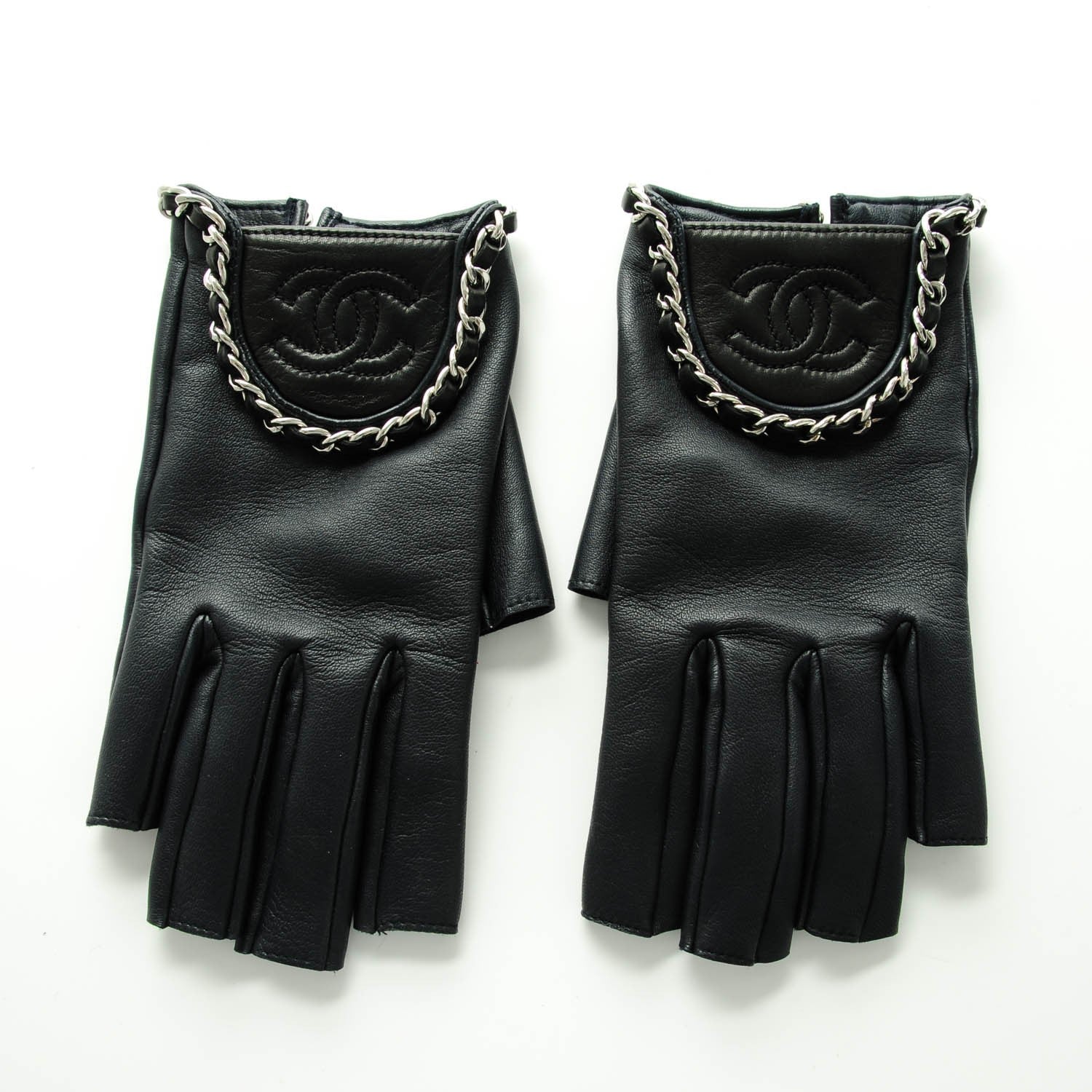 Chanel Lambskin Fingerless Chain CC Gloves 8 Navy Black 3 of 8