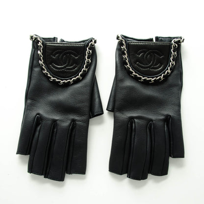 Chanel Lambskin Fingerless Chain CC Gloves 8 Navy Black 3 of 8