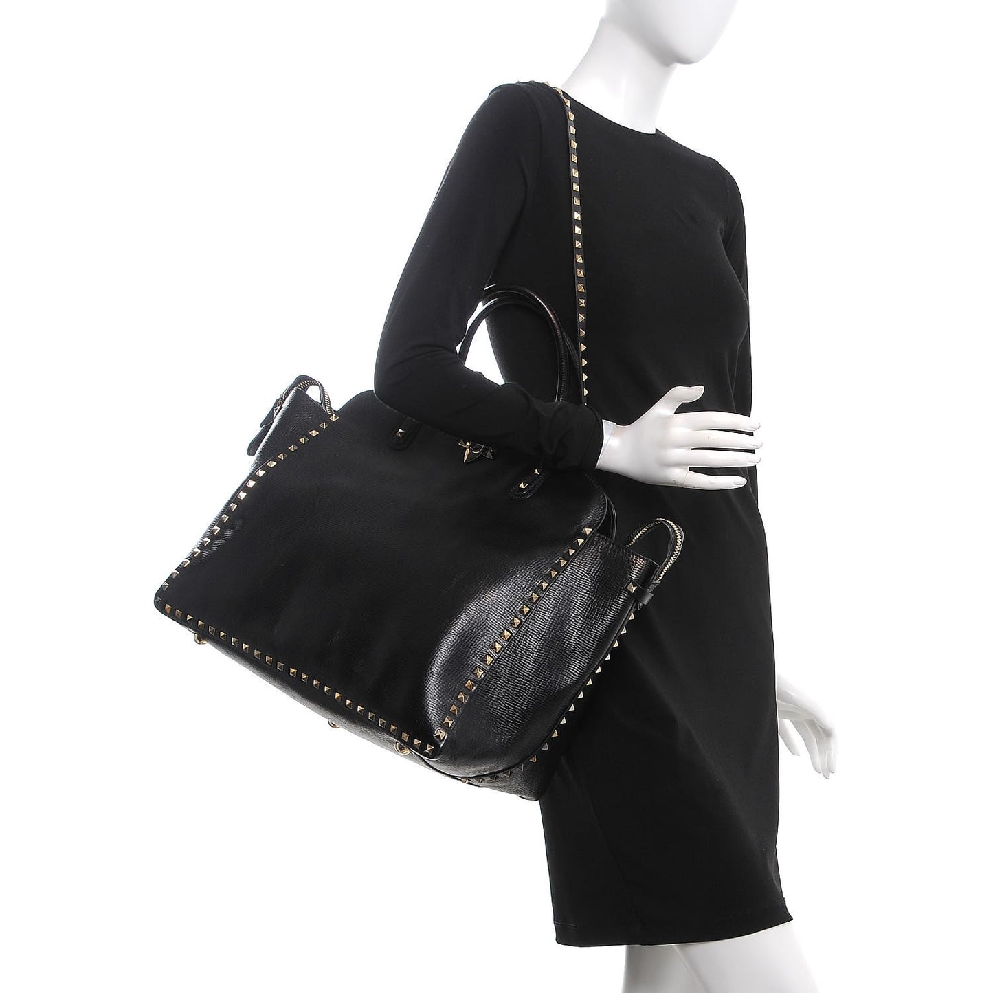 Textured Calfskin Rockstud Tote Black