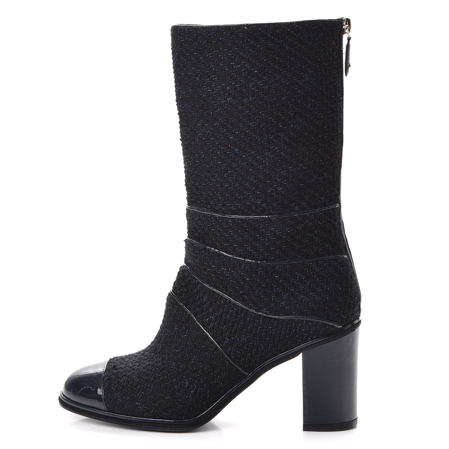 Chanel Tweed Patent Mid Calf Boots 39.5 Navy 1 of 8