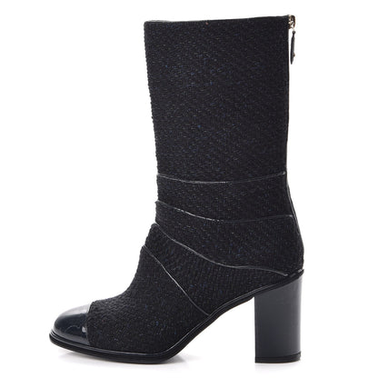 Chanel Tweed Patent Mid Calf Boots 39.5 Navy 1 of 8