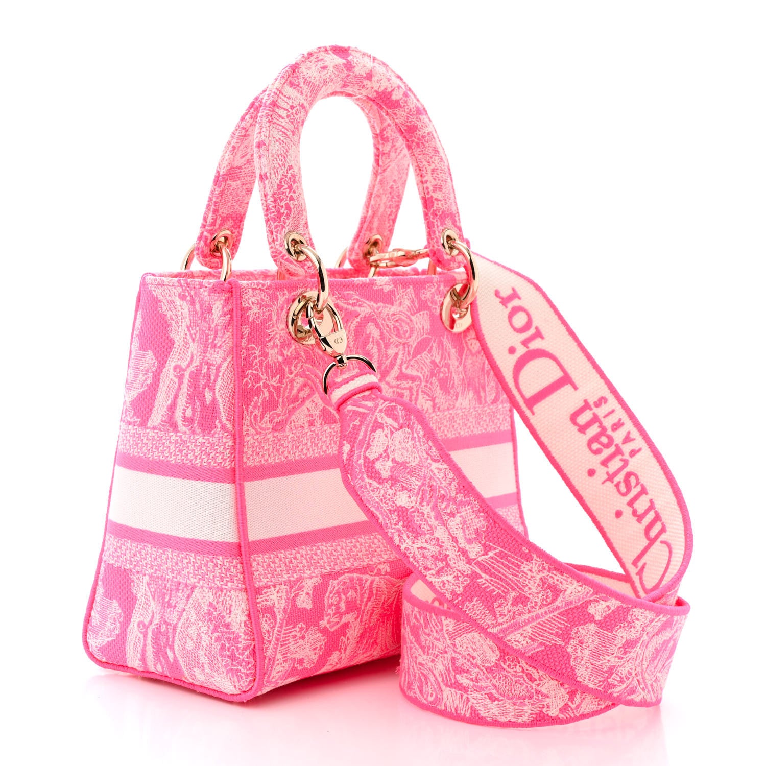 Christian Dior Canvas Toile De Jouy Reverse Embroidered Medium Lady D-Lite Fluorescent Pink 3 of 11