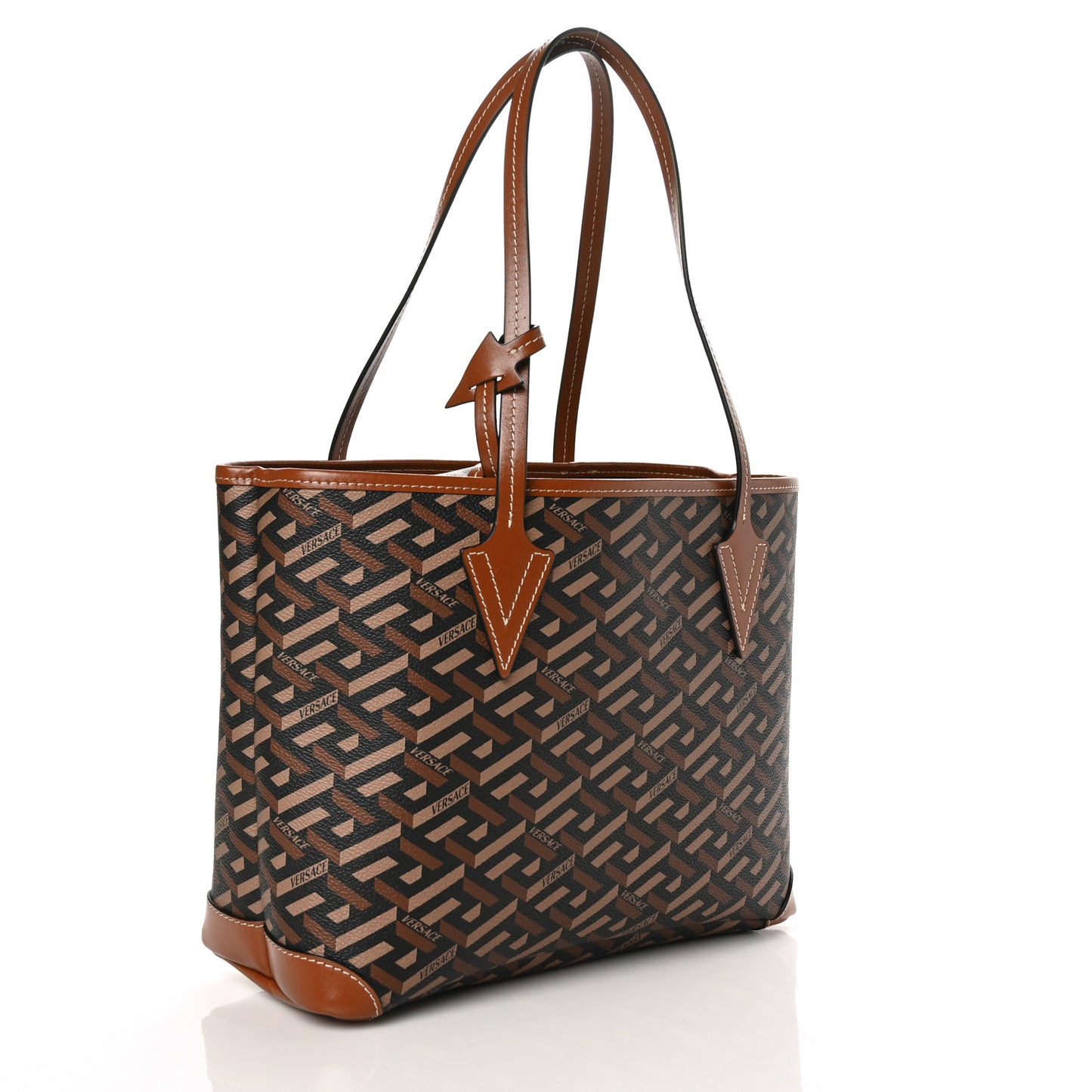 Coated Canvas Calfskin Small La Greca Signature Shopper Tote Bag Black Caramel