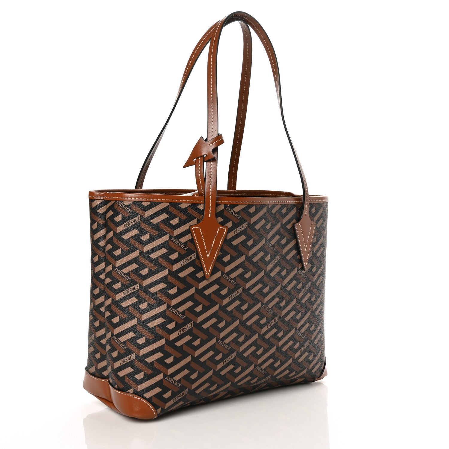 Versace Coated Canvas Calfskin Small La Greca Signature Shopper Tote Bag Black Caramel 3 of 7