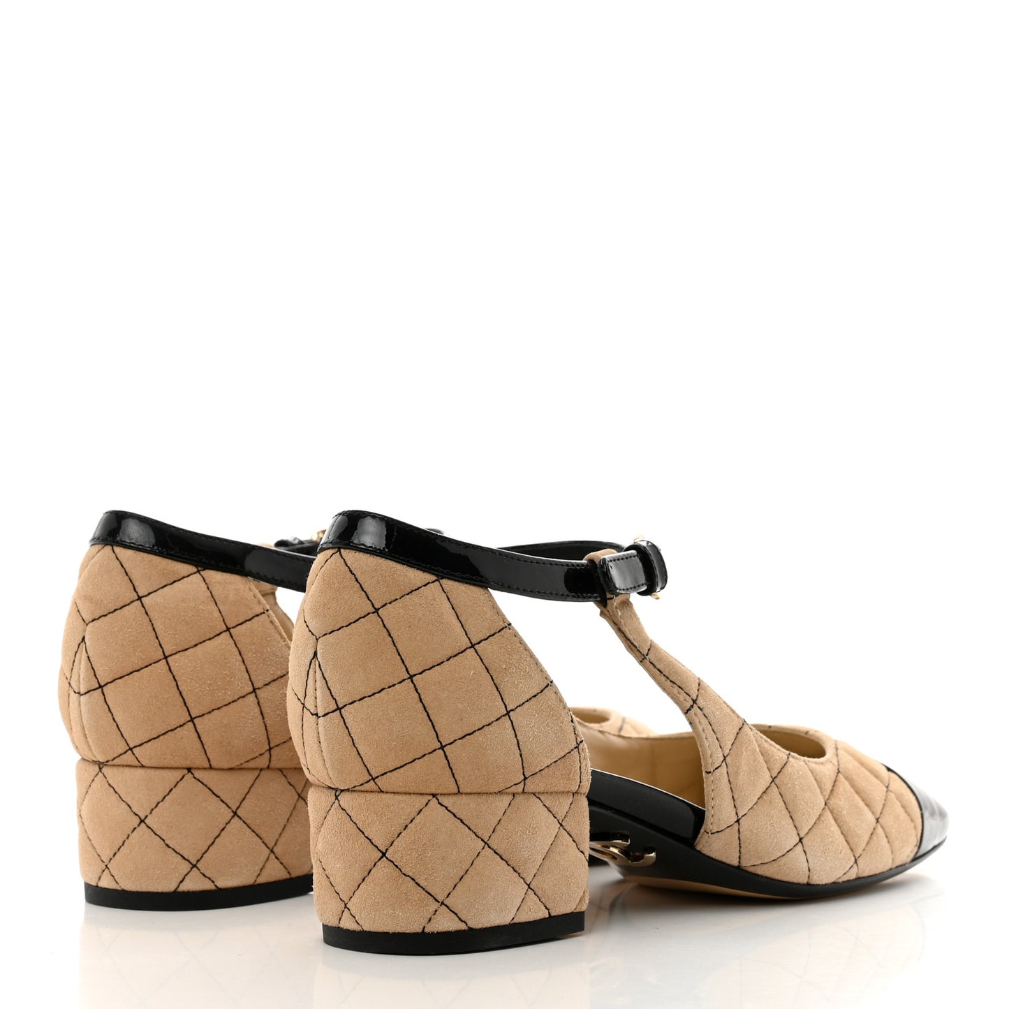 Suede Kidskin Patent Cap Toe Quilted Mary Jane Flats 37 Beige Black