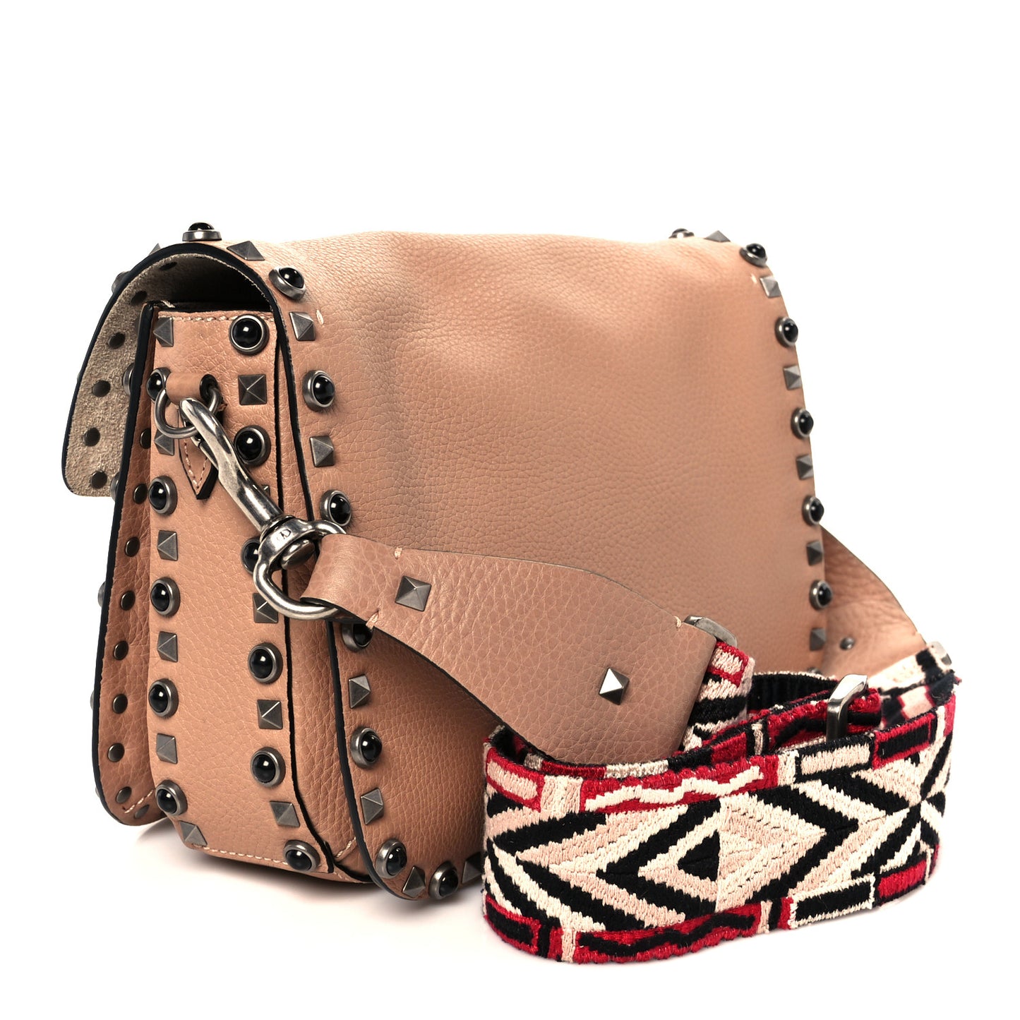 Grained Calfskin Onyx Medium Guitar Strap Rockstud Rolling Flap Saddle Bag Soft Noisette